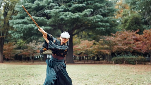 Preview: Virtual reality, Japan and woman with sword for martial arts, Kendo practice and exercise. Culture,