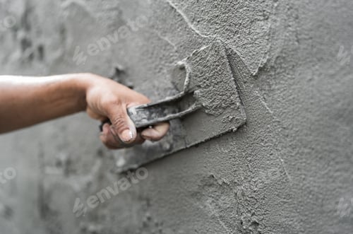 Preview: Hand worker Plastering wet Cement wall Background with handle brush, Manual men handwork brush