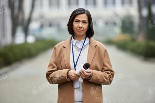 Preview: Female Reporter Holding a Microphone Outside