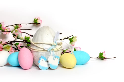 Colorful Easter Eggs and Springtime Blossoms Arrangement