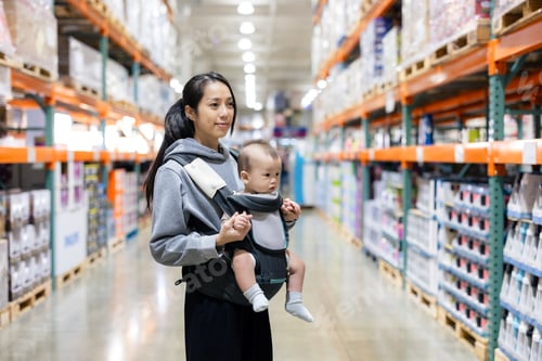 Preview: Young mom holding baby while grocery shopping