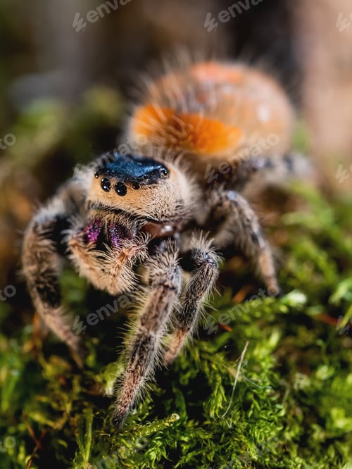 Preview: Close up portrait of Tarantula spider. Big hairy Arachnida on green moss.