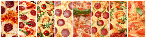Preview: Collage with different pizzas, closeup view. Banner design