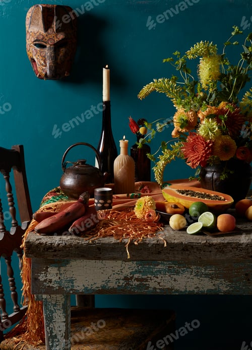 Preview: Still life Mexican Day of the Dead rustic Dutch masters theme with red bananas, apricot, lime and