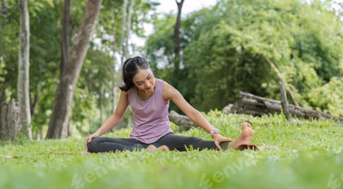 Preview: Young Woman Practicing Yoga in a Serene Park Setting, Embracing Nature and Tranquility, Perfect for