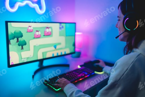 Preview: Gamer girl playing and streaming online video games - Metaverse and technology concept