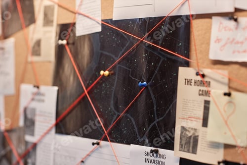 Preview: Closeup evidence board with red thread connecting map and pictures