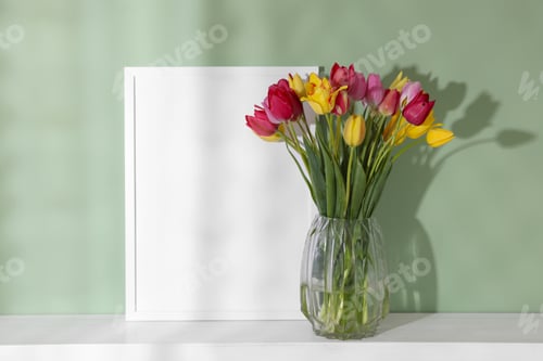 Preview: Bouquet of beautiful tulips and frame on table near color wall