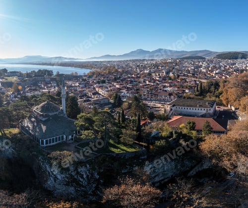Preview: Greece, Ioannina Pamvotida Lake, Epirus. Aerial drone view of Giannena city.