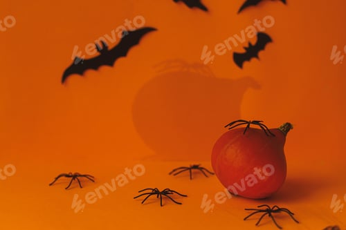 Preview: Spooky Halloween still life. Happy Halloween! Scary pumpkin with spiders and bats on orange