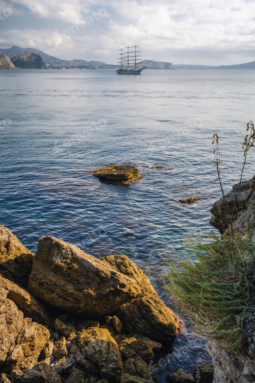 Preview: View of the sea bay and ship in the village Novyi Svit in the Crimea in autumn
