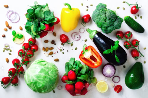 Preview: Set of fresh vegetables on a white background. Aromatic herbs, onion, avocado, broccoli, pepper bell