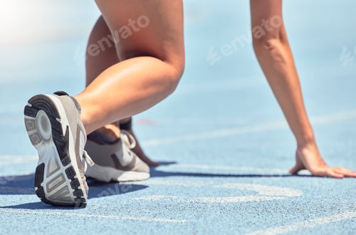 Preview: Running, shoes and training with a sports woman or female runner on a track for a workout or exerci