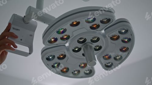 Preview: Closeup cosmetology lamp light on. Doctor hand turning lamp in beauty clinic