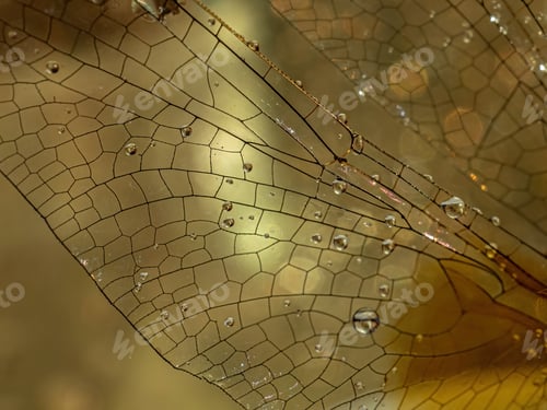 Preview: Natural background, texture. Dragonfly wing with water drops. Supermacro.