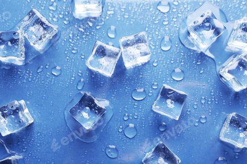 Preview: Melting ice cubes and water drops on blue background, flat lay