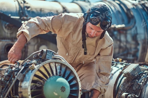 Preview: Mechanic in uniform repairing the dismantled airplane turbine in an open-air museum.