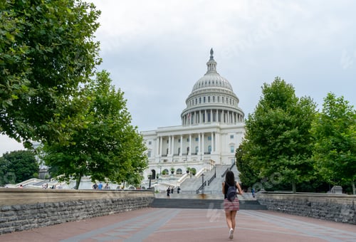 Preview: Back view of a young female tourist walking towards the famous U.S. Capitol Grounds in Washington