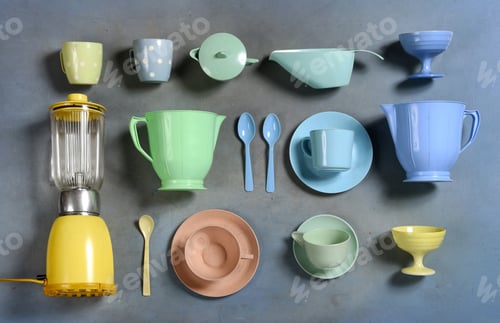 Preview: Selection of colorful retro plastic kitchenware