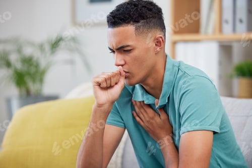Preview: Man, cough and sick with virus, health and covid, medicine with cold or flu while at home. Young ma