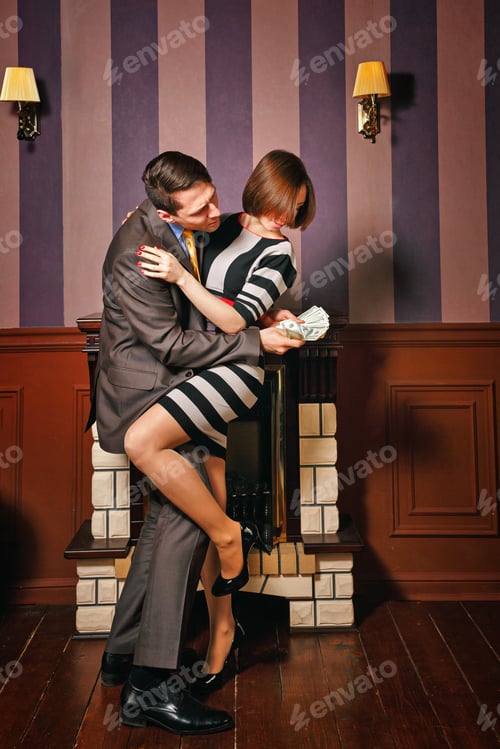 Preview: Businessman Does Not Want To Share Profits With His Wife. Vintage Interior. The Concept Of Running
