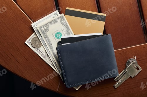 Preview: top view of credit cards, cash, wallet and keys on surface