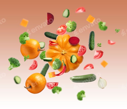 Preview: Many different fresh vegetables in air on brown gradient background
