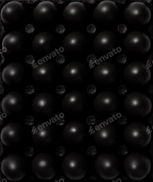 Vista previa: Huevos pintados de negro oscuro. Patrón abstracto de comida plano. Vista de arriba hacia abajo.