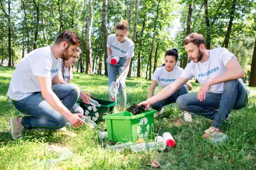 Preview: young volunteers with green recycling box cleaning park together