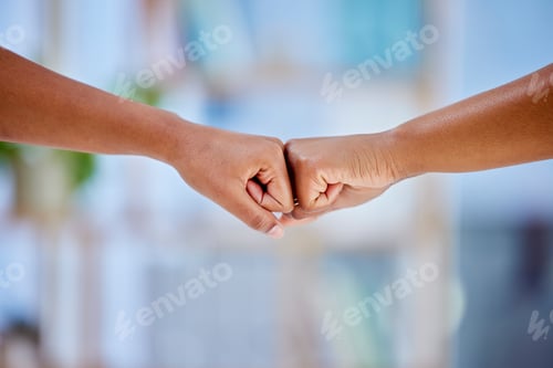 Preview: Mission, hands or business people fist bump for partnership or motivation in office meeting togethe