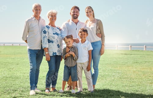 Preview: Smile, field and portrait of happy family on grass lawn for outdoor fun, bonding and quality time t