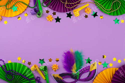 Preview: Vibrant Mardi Gras background with mask, beads, and festive decorations