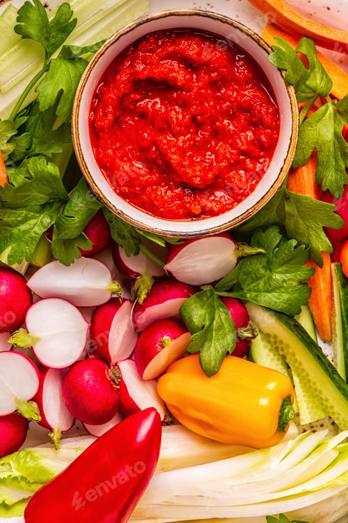 Preview: Plate with fresh, raw vegetables and sauce.