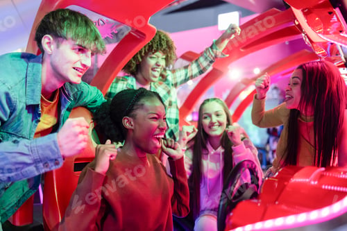 Preview: Friends Cheering and Celebrating at Arcade Racing Game,