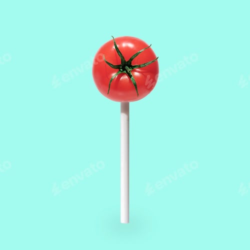 Preview: Fun candy tomato on a stick. Minimal pop art concept of healthy eating.