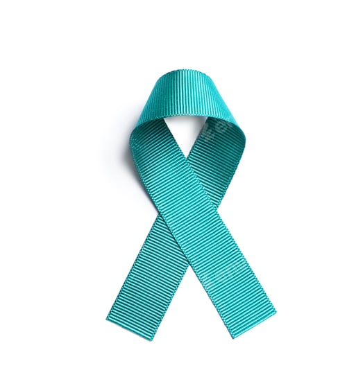 Preview: Teal awareness ribbon on white background, top view. Symbol of social and medical issues