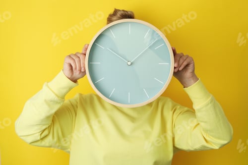 Preview: Woman holding clock on yellow background, front view