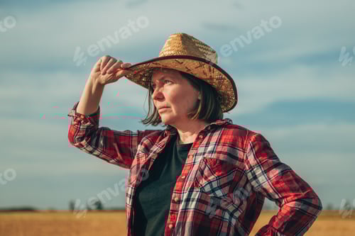 Preview: Portrait of female farmer wearing straw hat standing in ripe wheat field and thinking