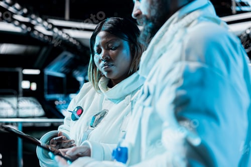 Preview: Scientists in starship exploring deep space, conducting data tests using tablet