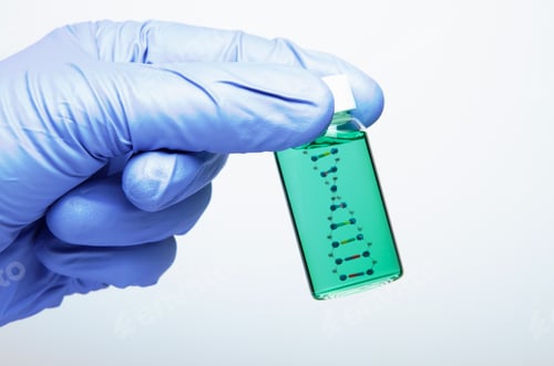 Preview: Biology research: hand wearing a nitrile glove is holding a vial with a model of DNA molecule inside