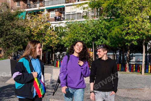 Preview: Young diverse friends walking on the street with the lgbt rainbow flag.