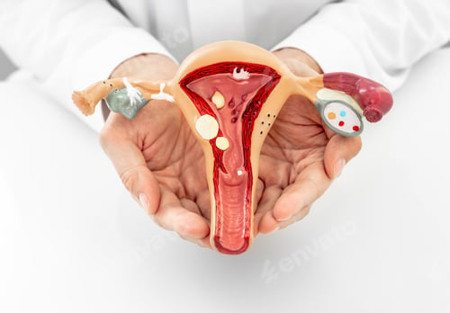 Preview: Doctor showing an anatomical model of the uterus and ovaries with pathologies, close-up.