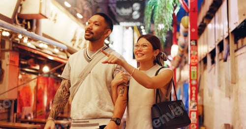Preview: Couple, night and outdoor market for walking in Japan, love and bonding on honeymoon vacation. Peop