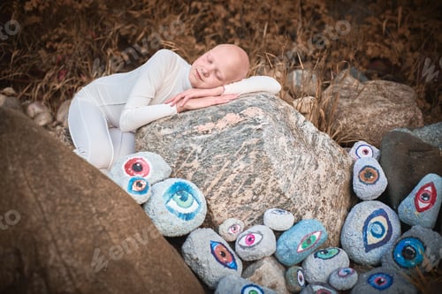 Preview: Young hairless girl with alopecia in white futuristic costume sleeping sweetly in surreal landscape