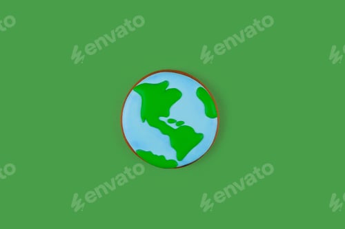 Preview: Earth Day concept. Single cookie in shape of Earth on green backdrop.
