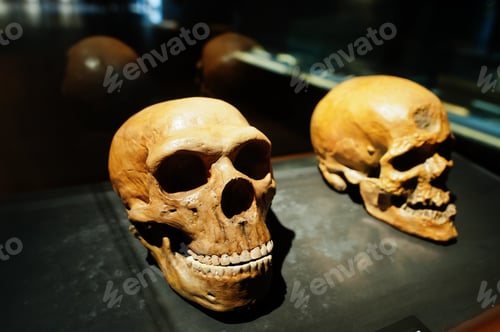 Preview: Two skulls in a raw showing humans evolution at museum.
