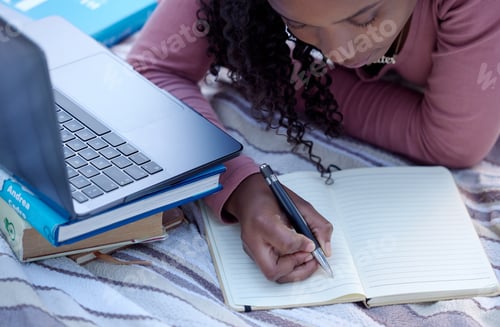 Preview: Student, studying and woman writing notes from research assignment for college or university academ
