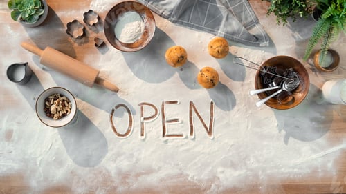 Preview: Top view of baking ingredients, open after coronavirus lockdown and small business concept.