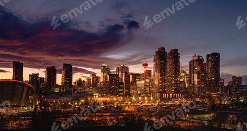 Preview: Calgary cityscape lit up at sunset.