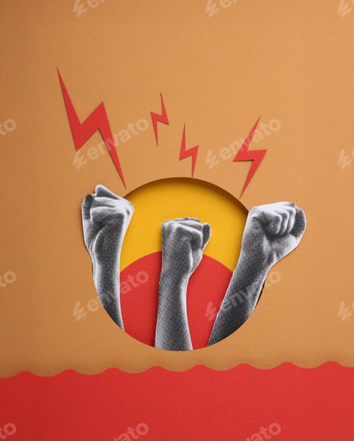 Preview: Half tones of hands raised upwards with closed fists. Feminists fighting